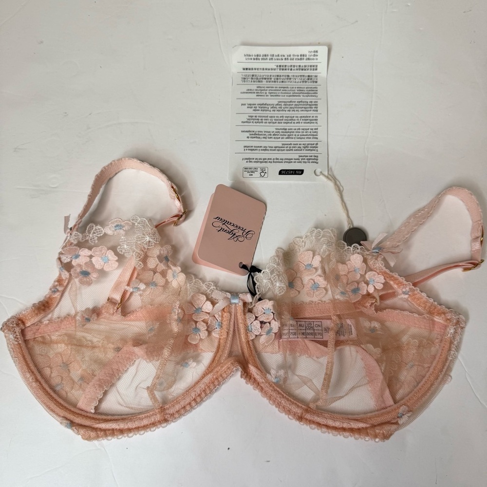 NWT AGENT PROVOCATEUR Bethanie Floral Appliquéd Tulle Underwire Bra in Peach 32E - Picture 13 of 16